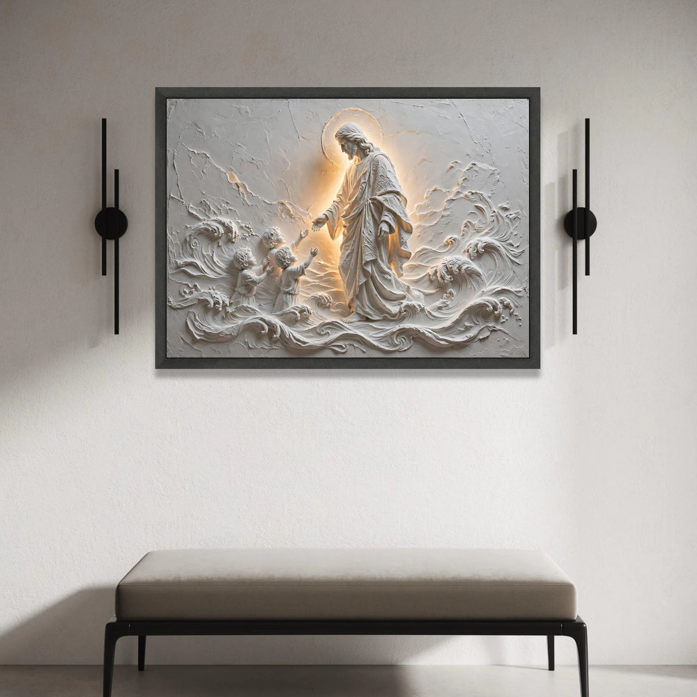Jesus with Children Relief Art Canvas, Spiritual Wall Decor, Divine Light Canvas, Christian Religious Wall Art, Canvas Print Art