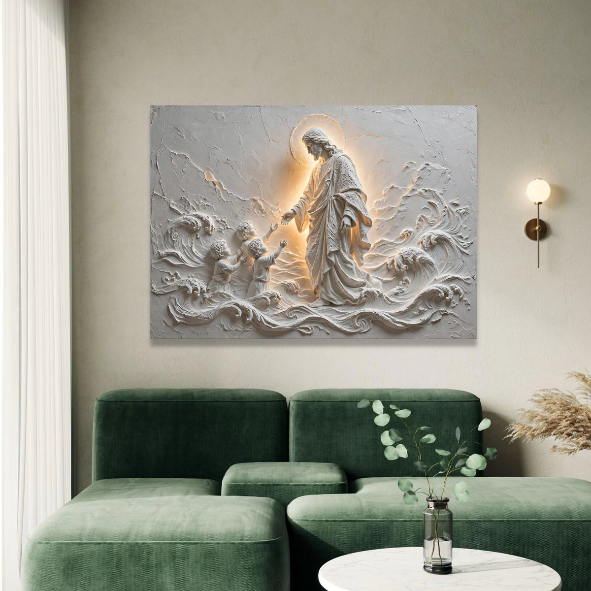 Jesus with Children Relief Art Canvas, Spiritual Wall Decor, Divine Light Canvas, Christian Religious Wall Art, Canvas Print Art