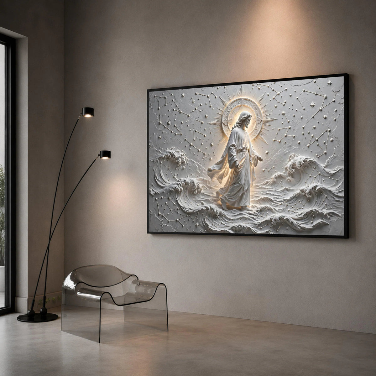 Divine Christ Walking on Water Canvas, Spiritual Wall Art, Jesus with Halo Canvas, Religious Home Decoration, Inspirational Canvas Print Art