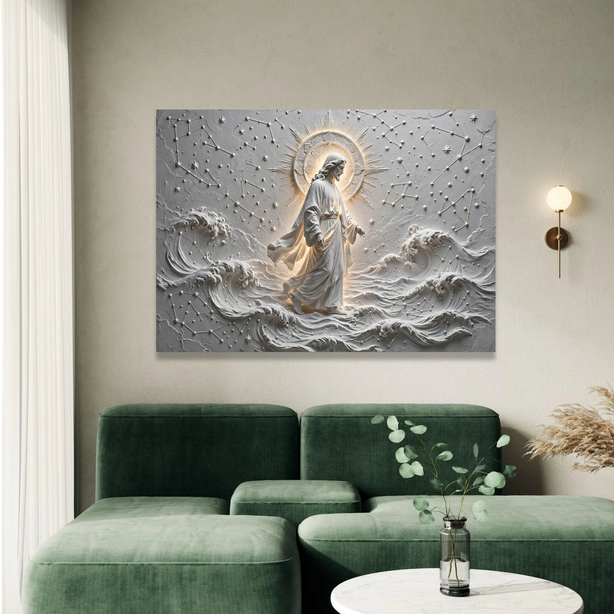 Divine Christ Walking on Water Canvas, Spiritual Wall Art, Jesus with Halo Canvas, Religious Home Decoration, Inspirational Canvas Print Art
