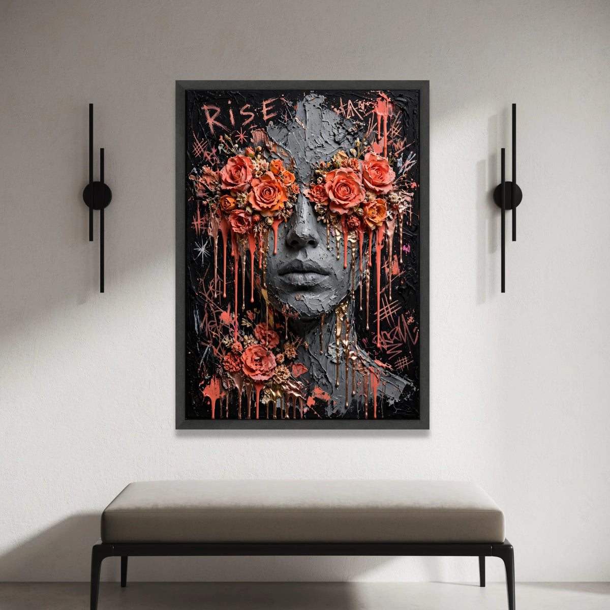 Abstract Face with Floral Eyes Canvas, Modern Woman Portrait Art, Rose Flower Wall Decor, Bold Urban Expression Canvas, Canvas Print Art