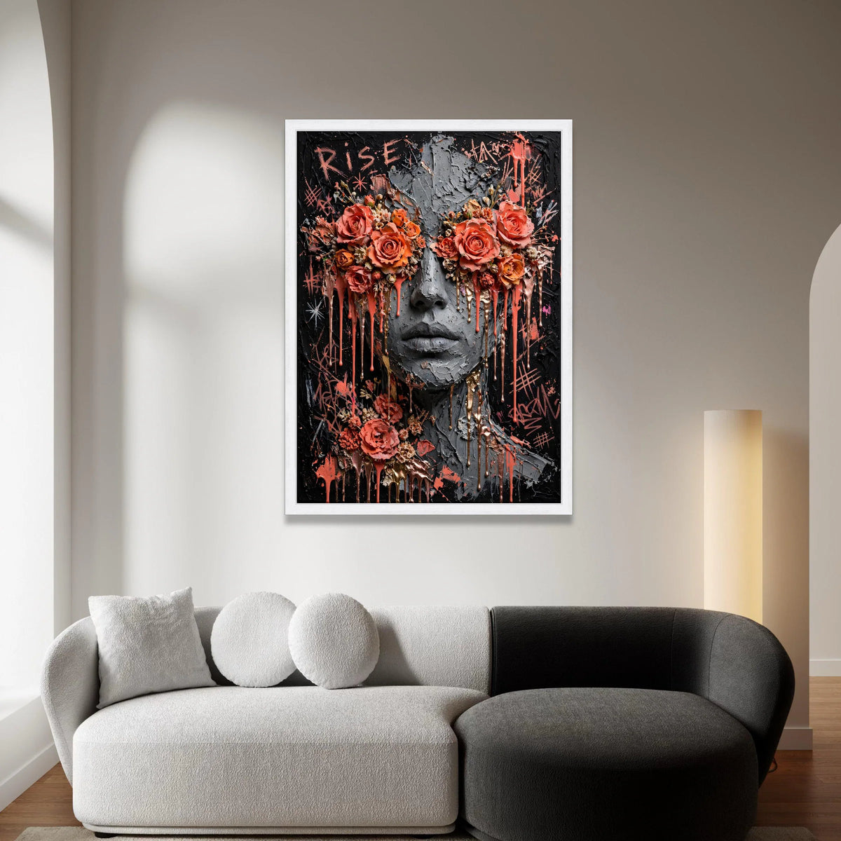 Abstract Face with Floral Eyes Canvas, Modern Woman Portrait Art, Rose Flower Wall Decor, Bold Urban Expression Canvas, Canvas Print Art