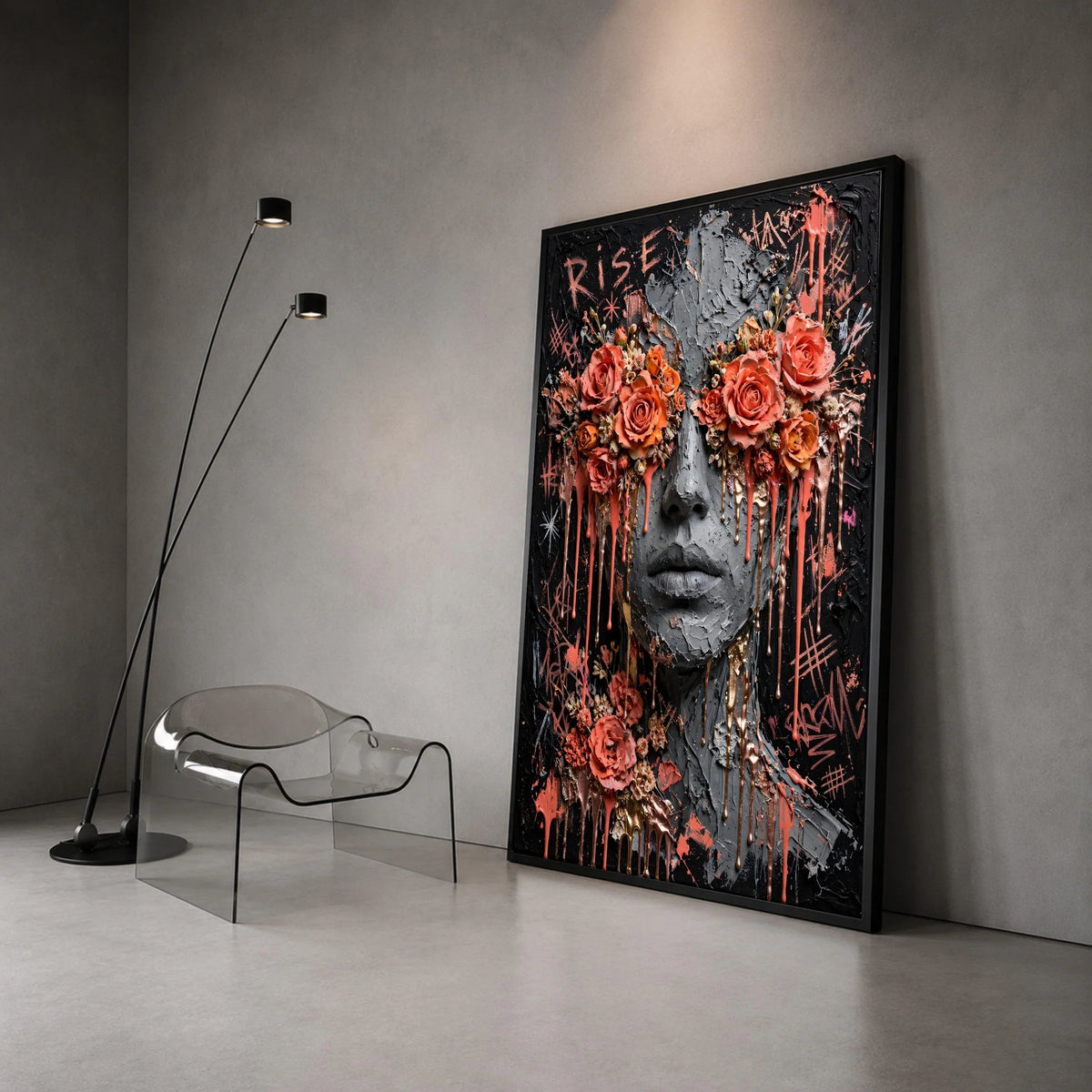 Abstract Face with Floral Eyes Canvas, Modern Woman Portrait Art, Rose Flower Wall Decor, Bold Urban Expression Canvas, Canvas Print Art