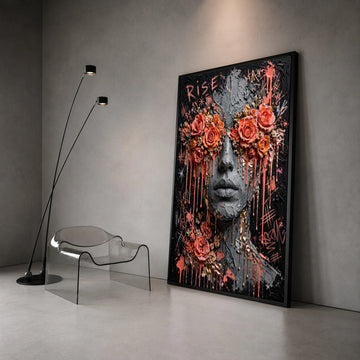Abstract Face with Floral Eyes Canvas, Modern Woman Portrait Art, Rose Flower Wall Decor, Bold Urban Expression Canvas, Canvas Print Art