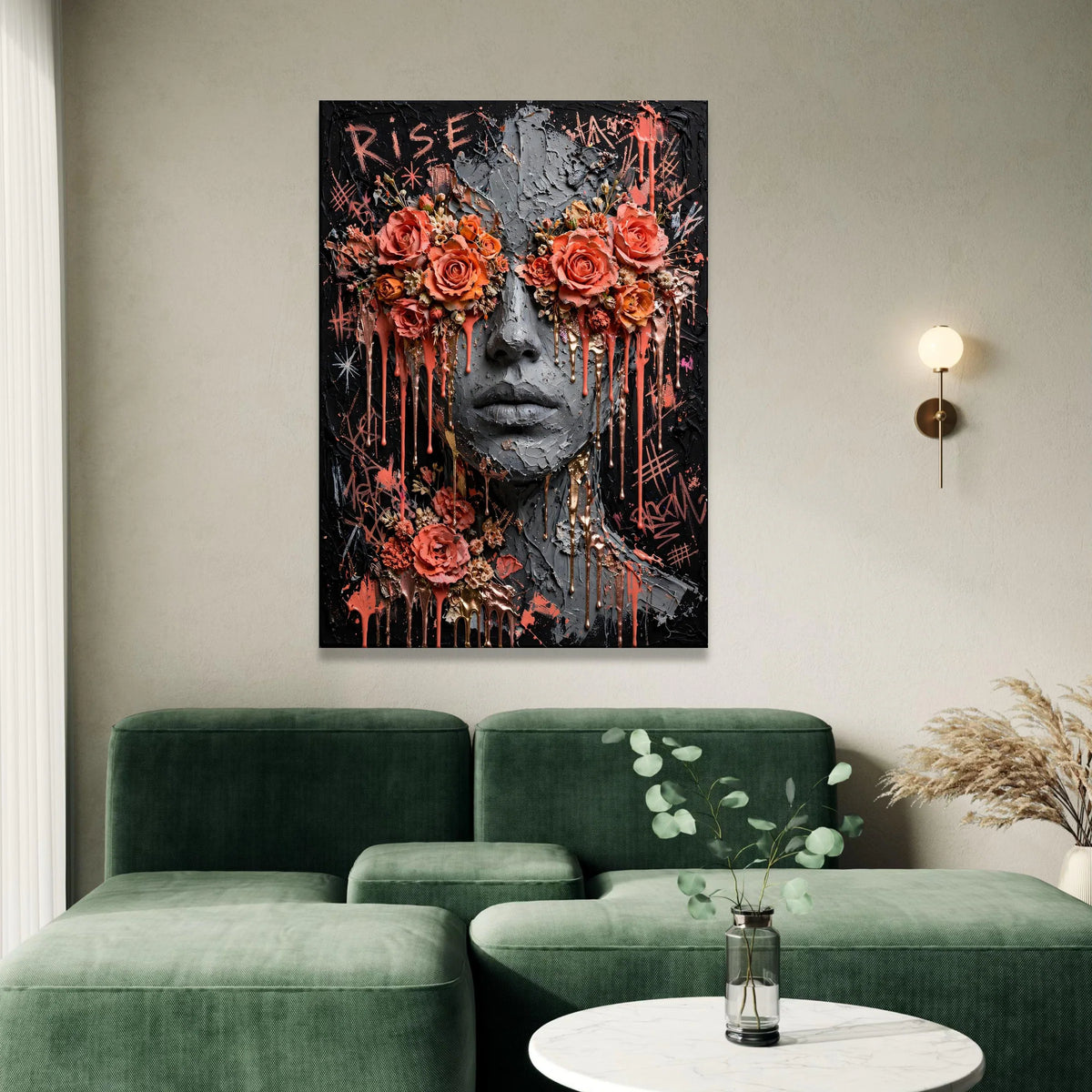 Abstract Face with Floral Eyes Canvas, Modern Woman Portrait Art, Rose Flower Wall Decor, Bold Urban Expression Canvas, Canvas Print Art