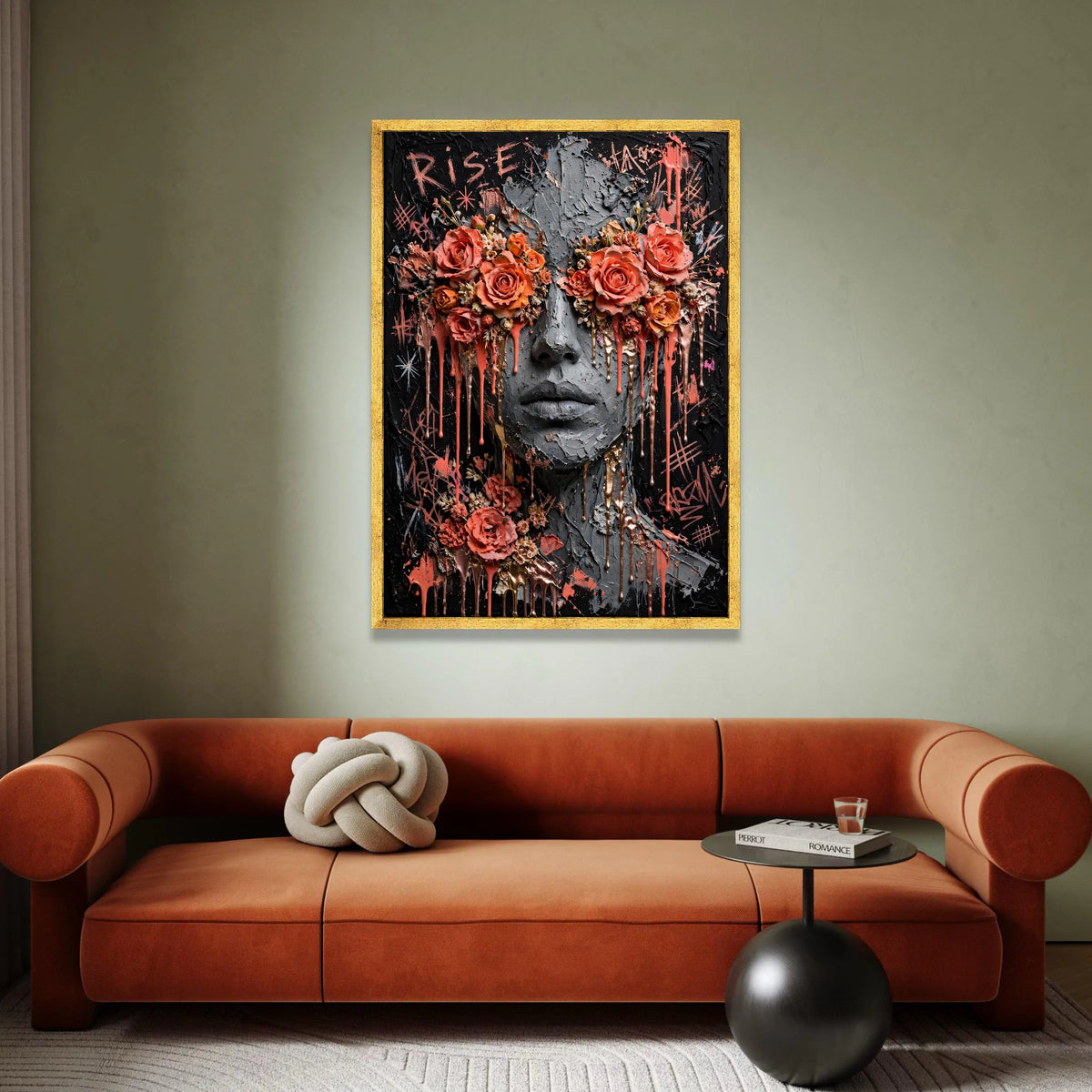 Abstract Face with Floral Eyes Canvas, Modern Woman Portrait Art, Rose Flower Wall Decor, Bold Urban Expression Canvas, Canvas Print Art