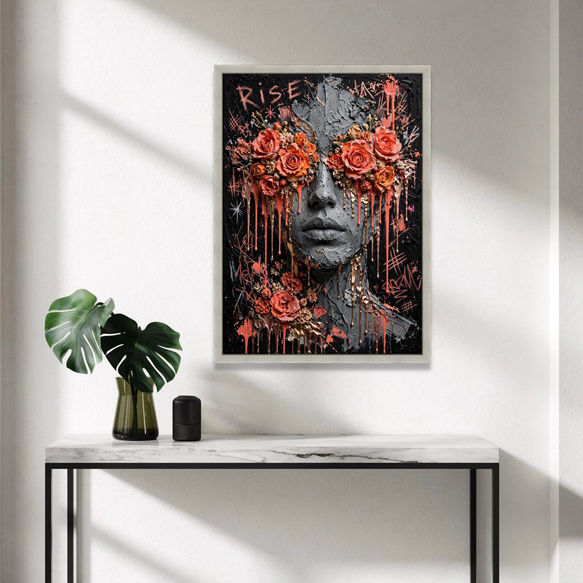 Abstract Face with Floral Eyes Canvas, Modern Woman Portrait Art, Rose Flower Wall Decor, Bold Urban Expression Canvas, Canvas Print Art