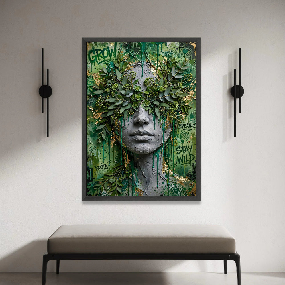 Urban Nature Fusion Canvas, Greenery Face Wall Art, Contemporary Botanical Decor, Graffiti Style Canvas, Modern Home Canvas Print Art