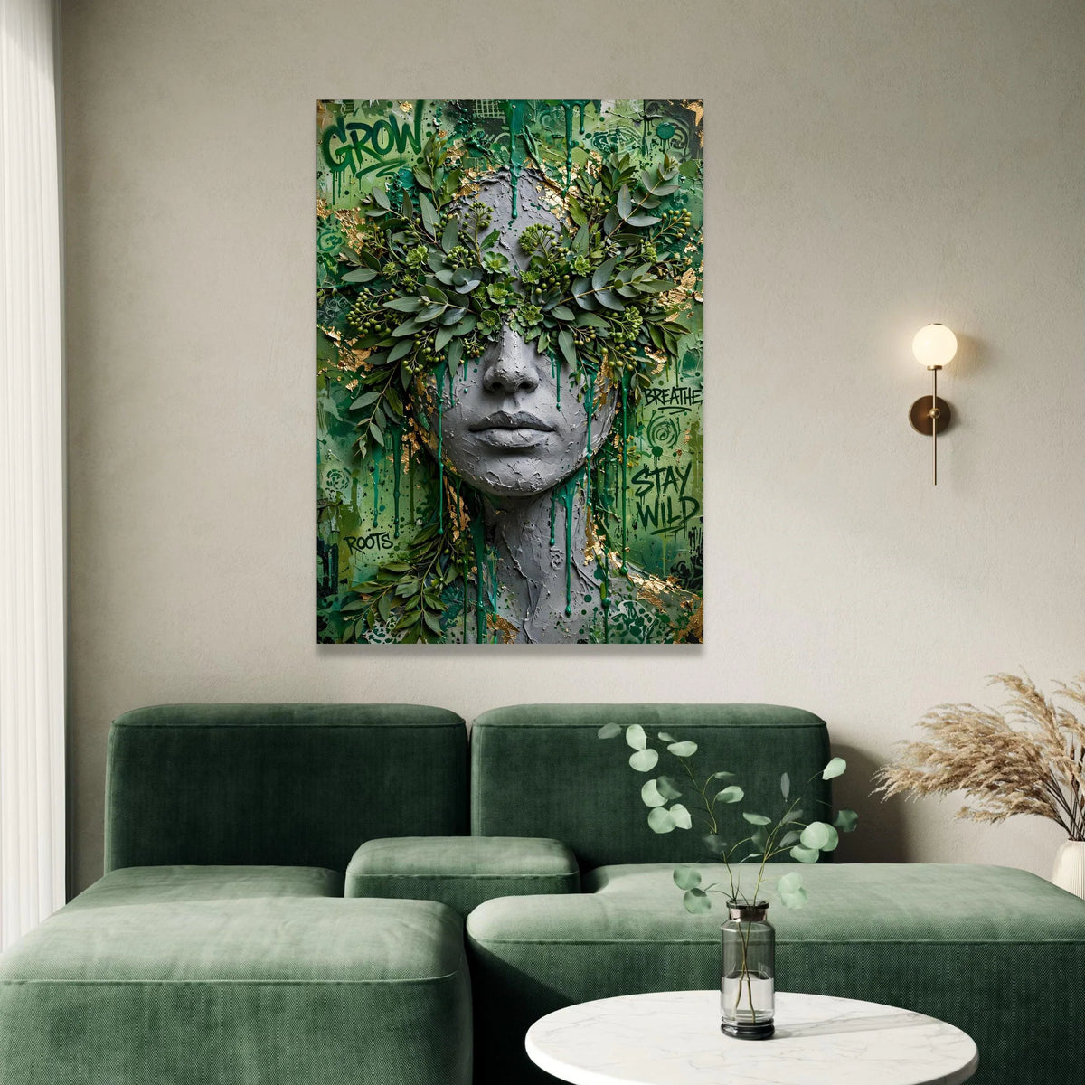 Urban Nature Fusion Canvas, Greenery Face Wall Art, Contemporary Botanical Decor, Graffiti Style Canvas, Modern Home Canvas Print Art