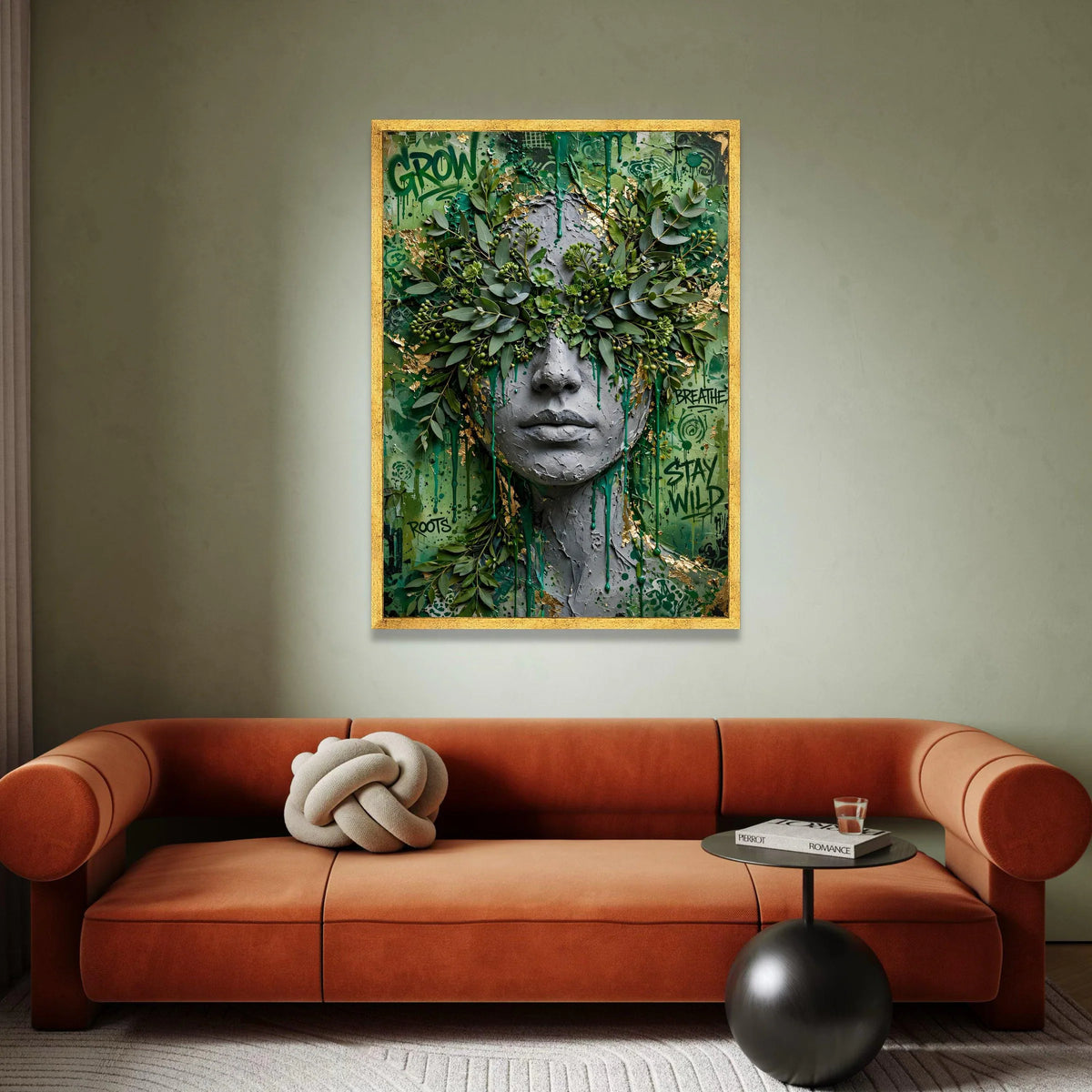 Urban Nature Fusion Canvas, Greenery Face Wall Art, Contemporary Botanical Decor, Graffiti Style Canvas, Modern Home Canvas Print Art