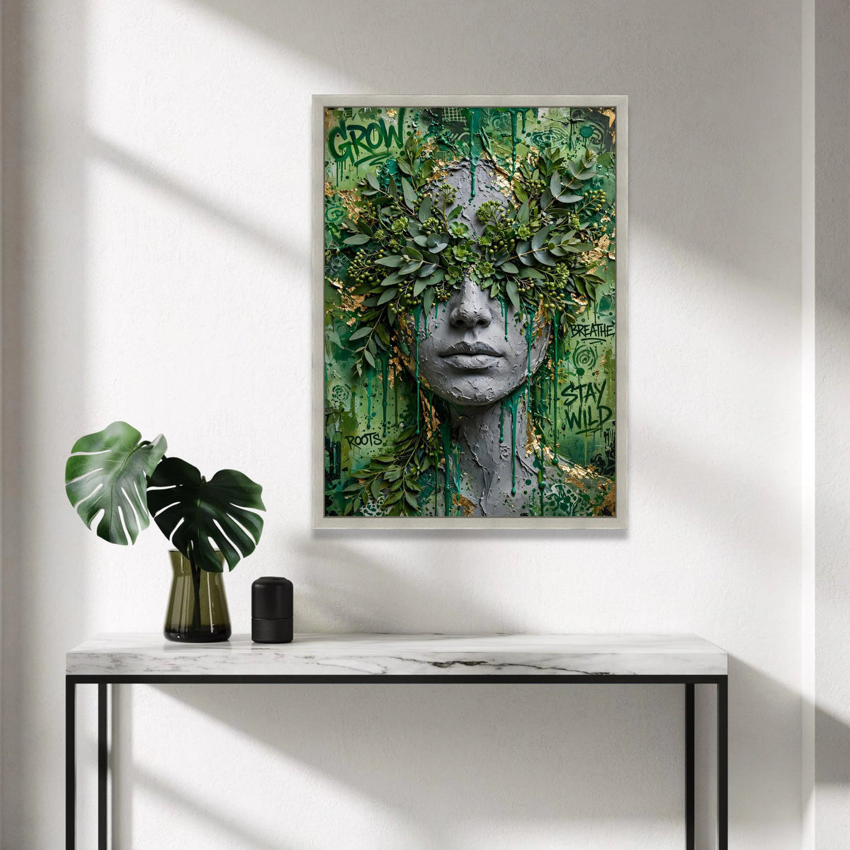 Urban Nature Fusion Canvas, Greenery Face Wall Art, Contemporary Botanical Decor, Graffiti Style Canvas, Modern Home Canvas Print Art