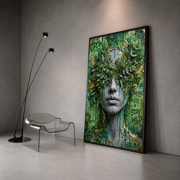 Urban Nature Fusion Canvas, Greenery Face Wall Art, Contemporary Botanical Decor, Graffiti Style Canvas, Modern Home Canvas Print Art
