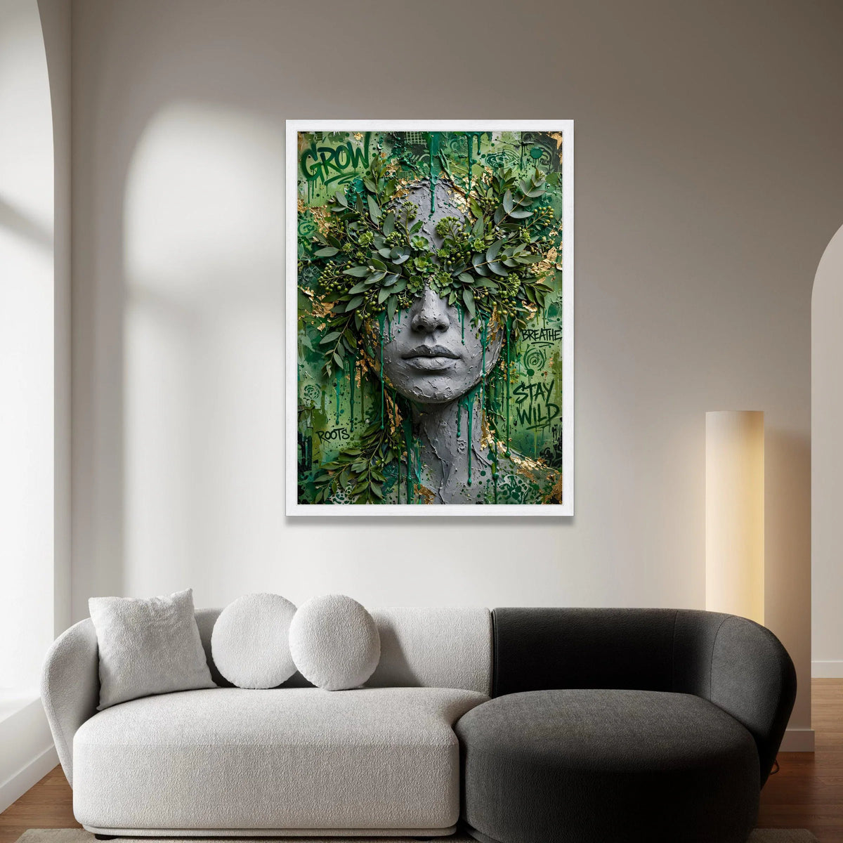 Urban Nature Fusion Canvas, Greenery Face Wall Art, Contemporary Botanical Decor, Graffiti Style Canvas, Modern Home Canvas Print Art