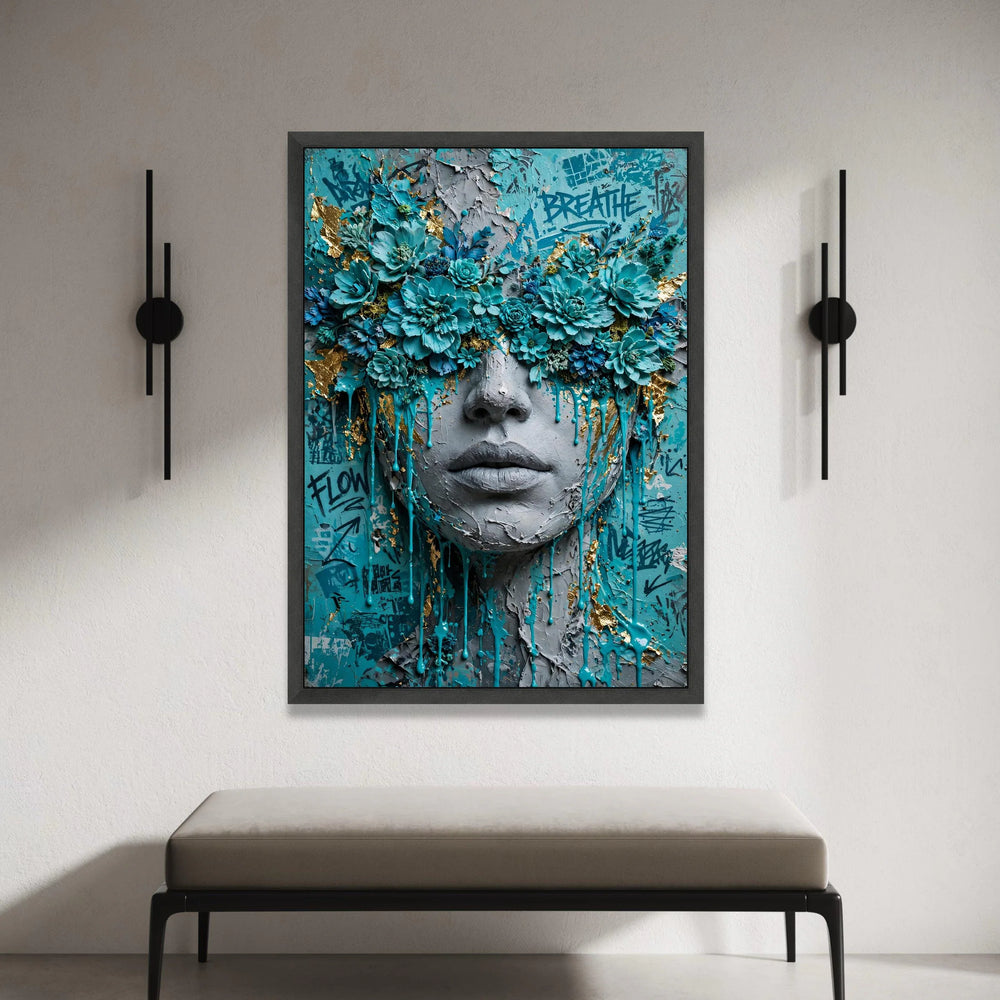 Floral Face Canvas Wall Art, Blue Flower Portrait, Abstract Urban Graffiti Canvas, Contemporary Fine Art Decoration Canvas Print Art