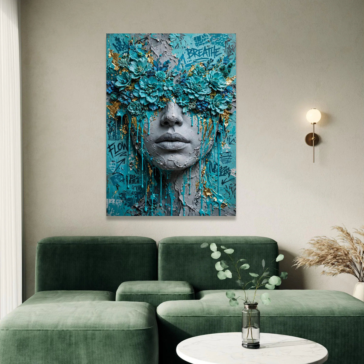 Floral Face Canvas Wall Art, Blue Flower Portrait, Abstract Urban Graffiti Canvas, Contemporary Fine Art Decoration Canvas Print Art