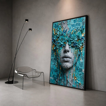 Floral Face Canvas Wall Art, Blue Flower Portrait, Abstract Urban Graffiti Canvas, Contemporary Fine Art Decoration Canvas Print Art