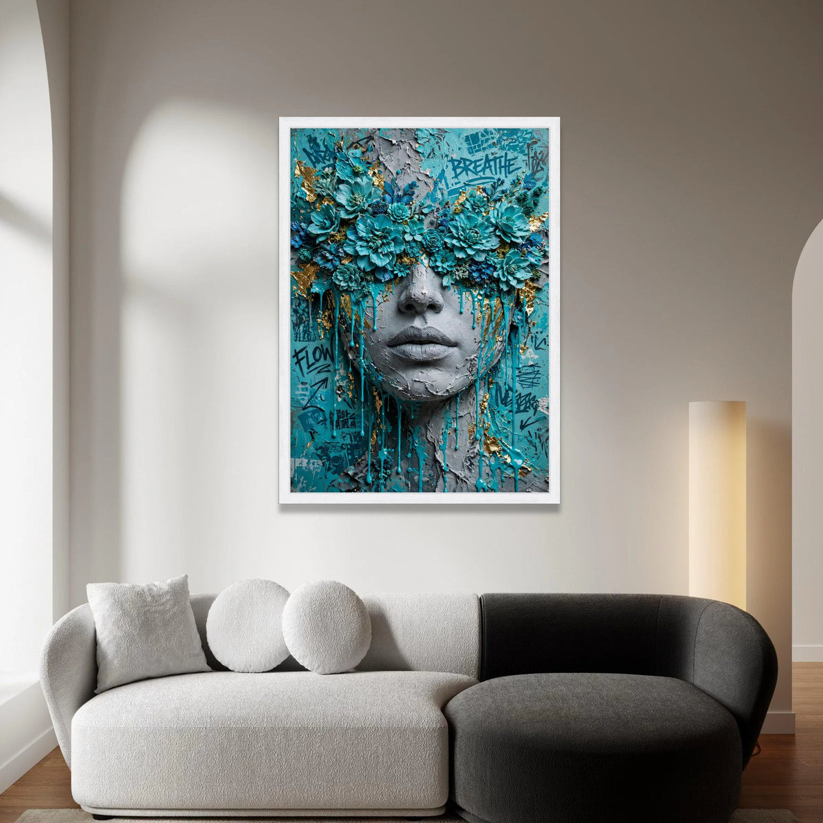Floral Face Canvas Wall Art, Blue Flower Portrait, Abstract Urban Graffiti Canvas, Contemporary Fine Art Decoration Canvas Print Art