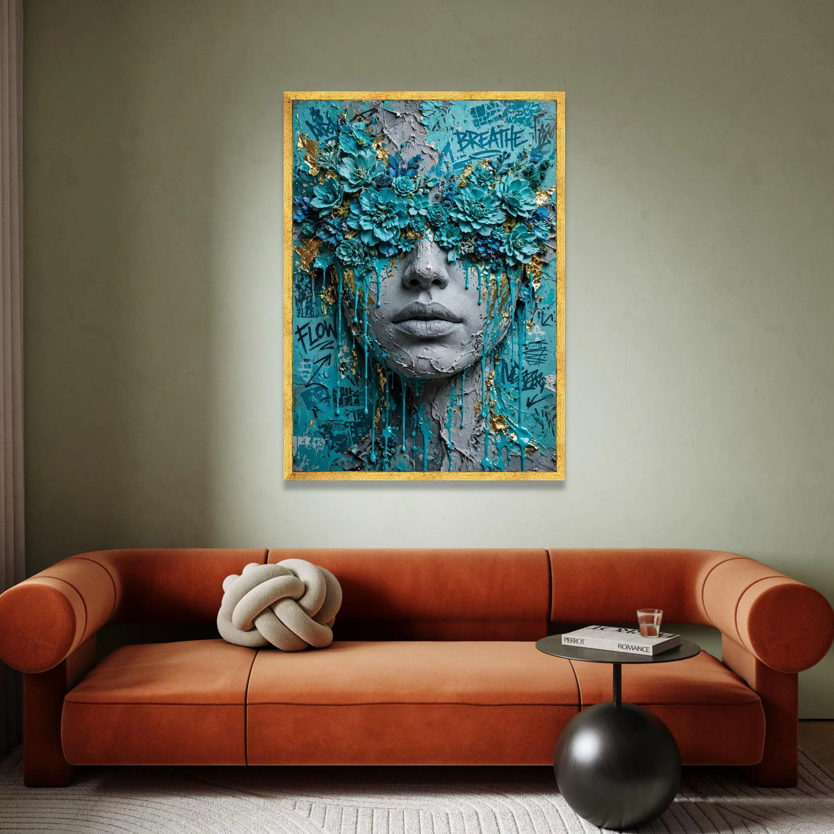 Floral Face Canvas Wall Art, Blue Flower Portrait, Abstract Urban Graffiti Canvas, Contemporary Fine Art Decoration Canvas Print Art