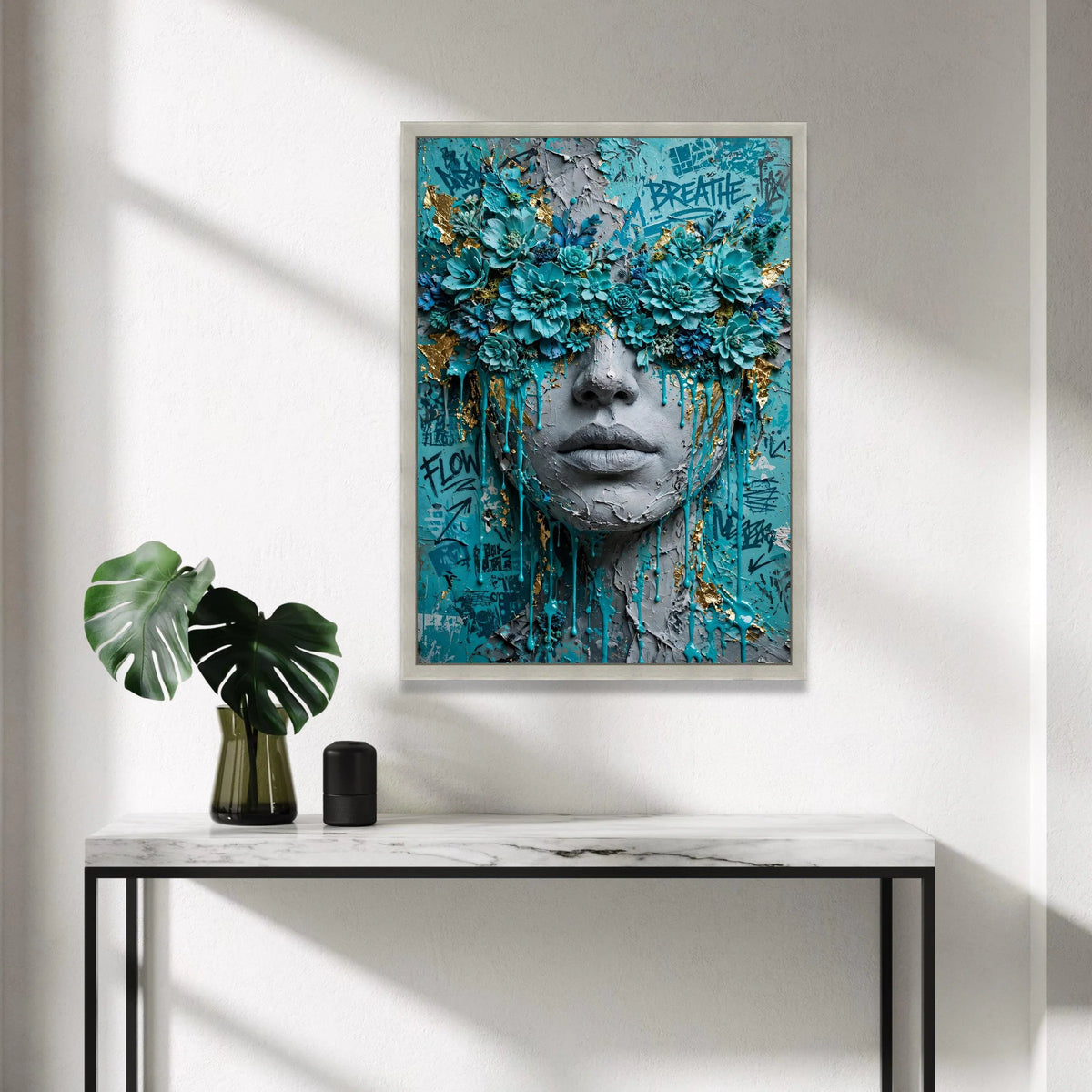 Floral Face Canvas Wall Art, Blue Flower Portrait, Abstract Urban Graffiti Canvas, Contemporary Fine Art Decoration Canvas Print Art