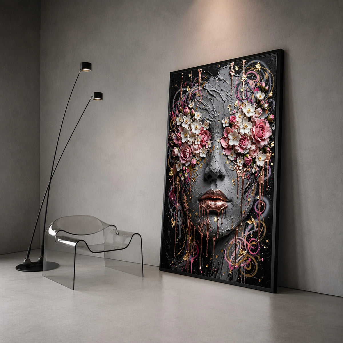 Floral Face Portrait Canvas, Abstract Woman Art, Pink and White Flowers, Rose Decor Canvas, Modern Wall Art, Feminine Home Canvas Print Art