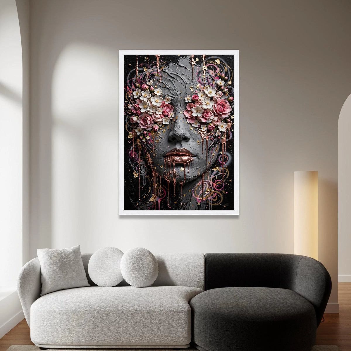 Floral Face Portrait Canvas, Abstract Woman Art, Pink and White Flowers, Rose Decor Canvas, Modern Wall Art, Feminine Home Canvas Print Art