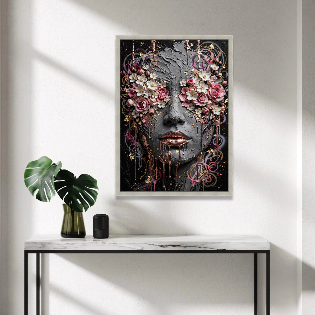Floral Face Portrait Canvas, Abstract Woman Art, Pink and White Flowers, Rose Decor Canvas, Modern Wall Art, Feminine Home Canvas Print Art