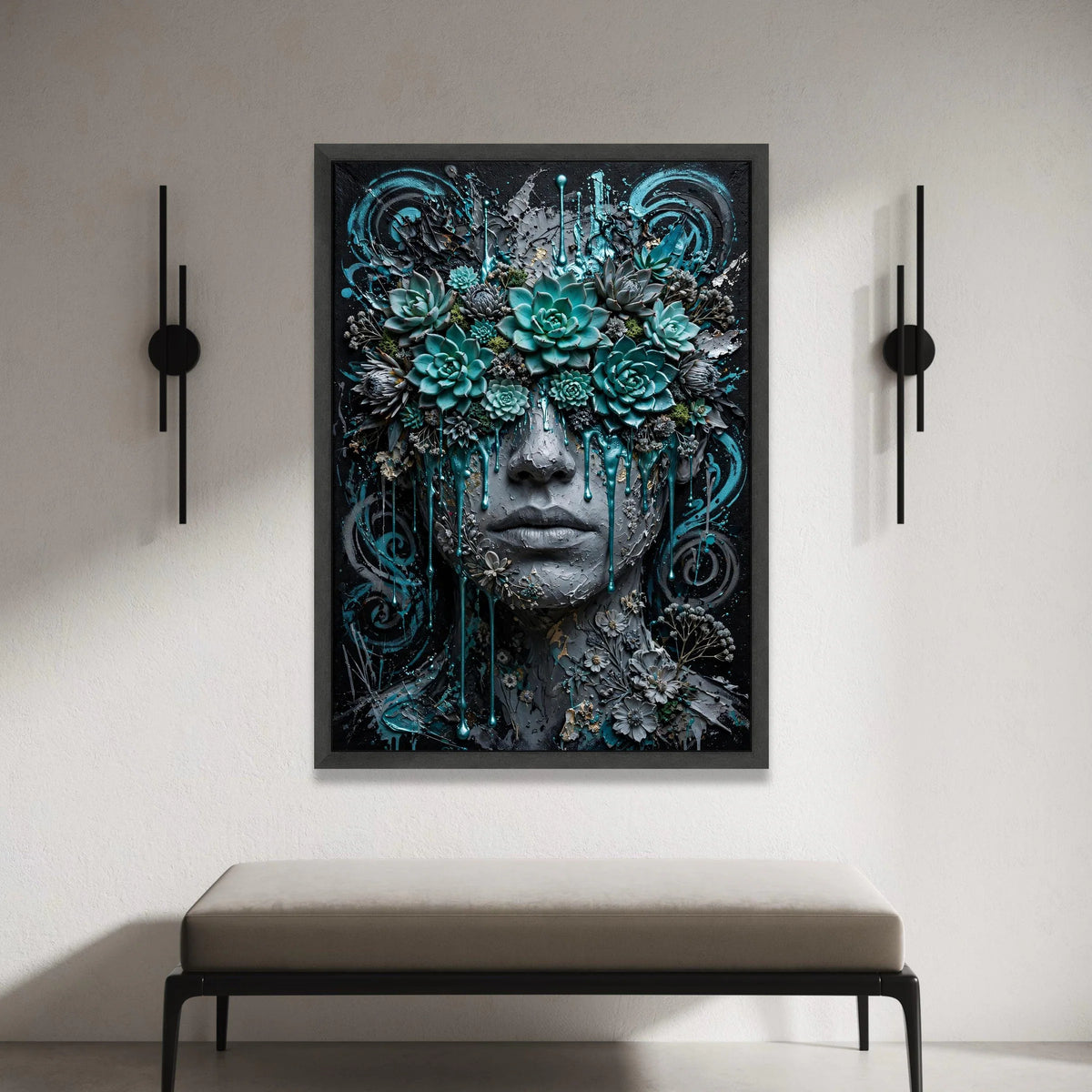 Surreal Floral Face Canvas, Succulent Garden Wall Art, Abstract Portrait Canvas, Modern Botanical Canvas, Artistic Home Canvas Print Art