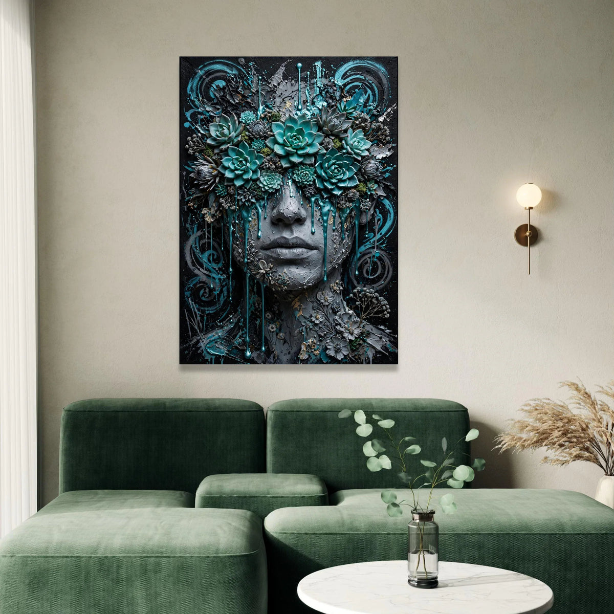 Surreal Floral Face Canvas, Succulent Garden Wall Art, Abstract Portrait Canvas, Modern Botanical Canvas, Artistic Home Canvas Print Art