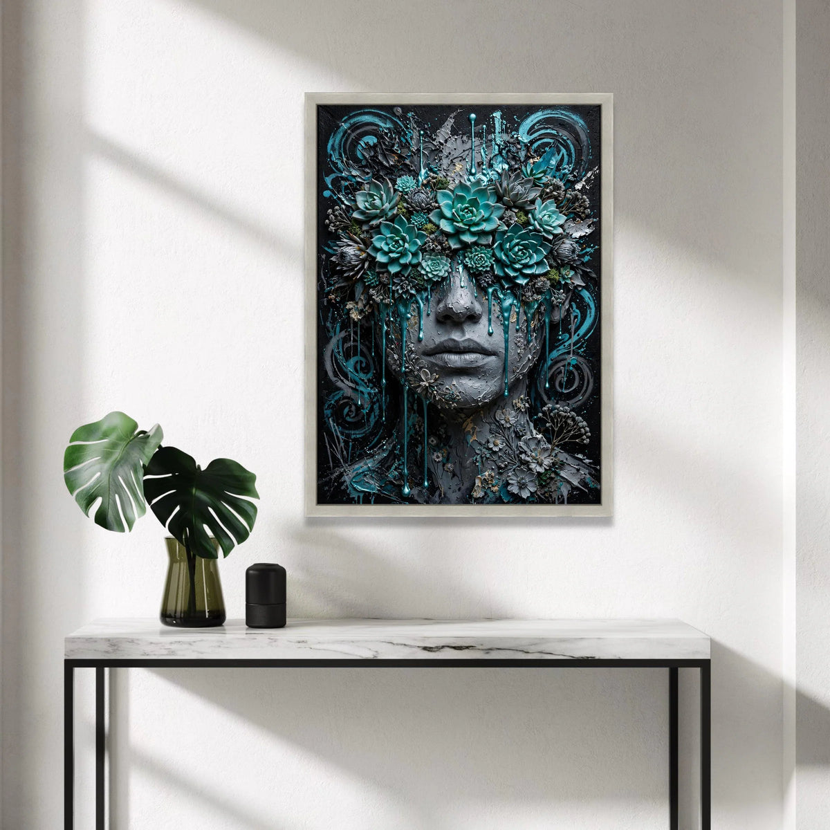 Surreal Floral Face Canvas, Succulent Garden Wall Art, Abstract Portrait Canvas, Modern Botanical Canvas, Artistic Home Canvas Print Art