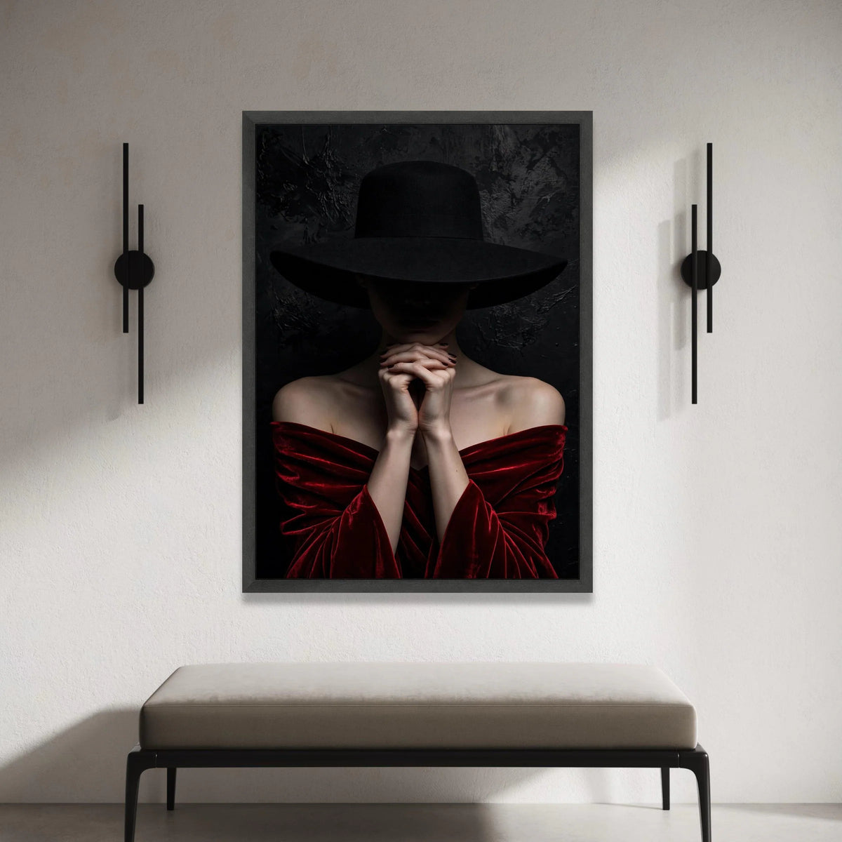 Mysterious Woman Black Hat, Dark Mood Portrait Canvas, Elegant Red Velvet Dress Wall Art, Fashion Photography Canvas, Canvas Print Art