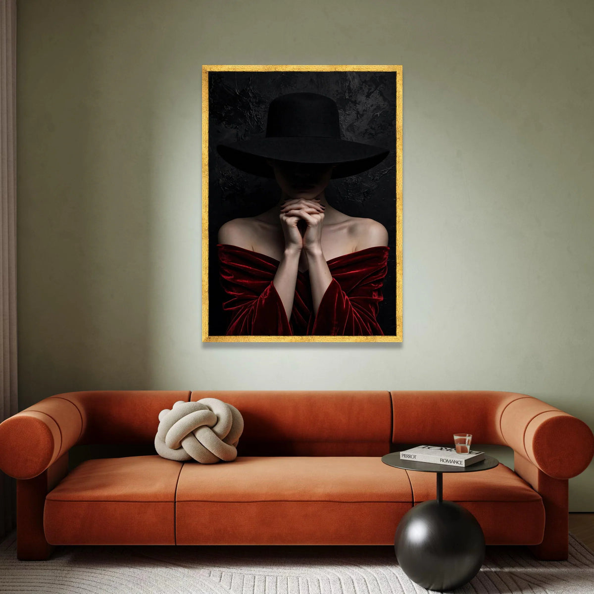 Mysterious Woman Black Hat, Dark Mood Portrait Canvas, Elegant Red Velvet Dress Wall Art, Fashion Photography Canvas, Canvas Print Art