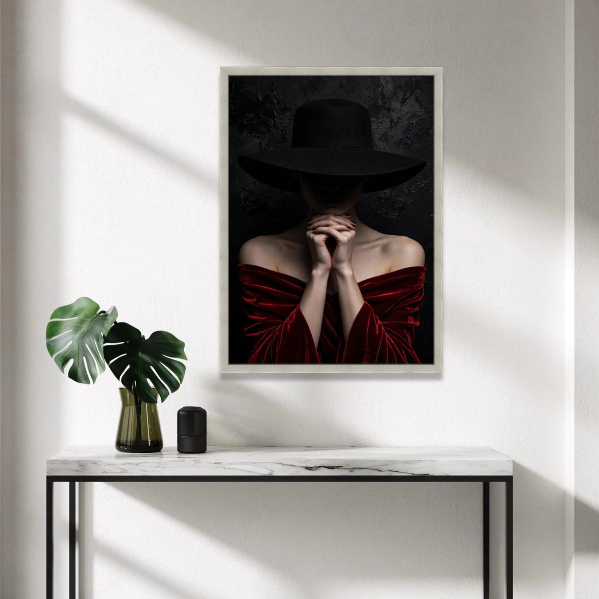 Mysterious Woman Black Hat, Dark Mood Portrait Canvas, Elegant Red Velvet Dress Wall Art, Fashion Photography Canvas, Canvas Print Art