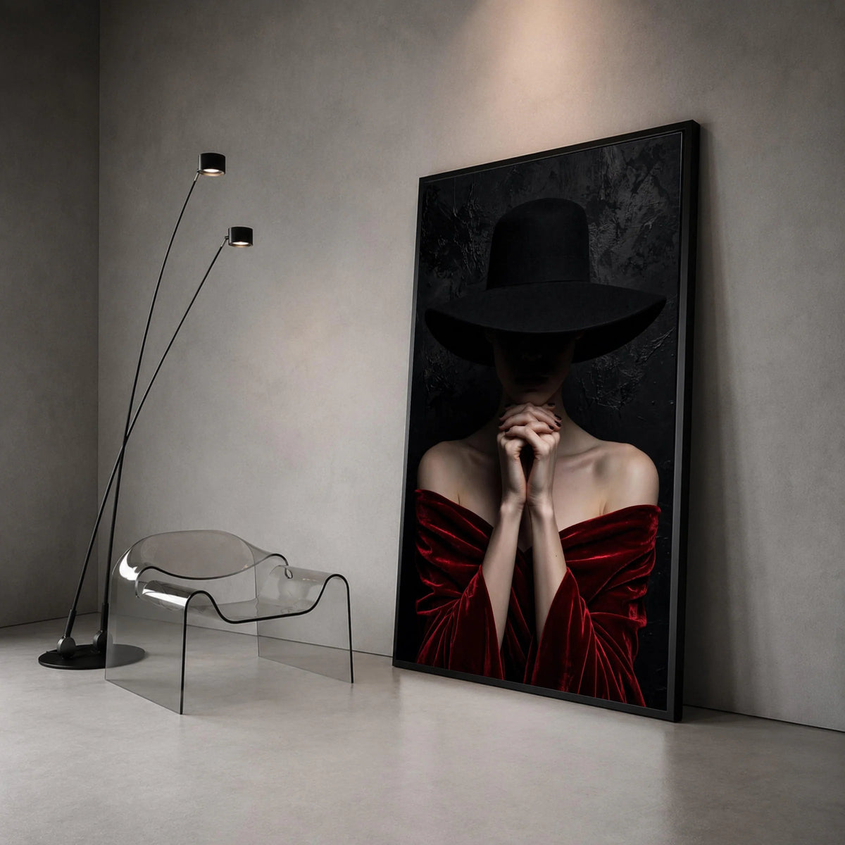 Mysterious Woman Black Hat, Dark Mood Portrait Canvas, Elegant Red Velvet Dress Wall Art, Fashion Photography Canvas, Canvas Print Art