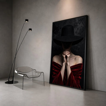 Mysterious Woman Black Hat, Dark Mood Portrait Canvas, Elegant Red Velvet Dress Wall Art, Fashion Photography Canvas, Canvas Print Art