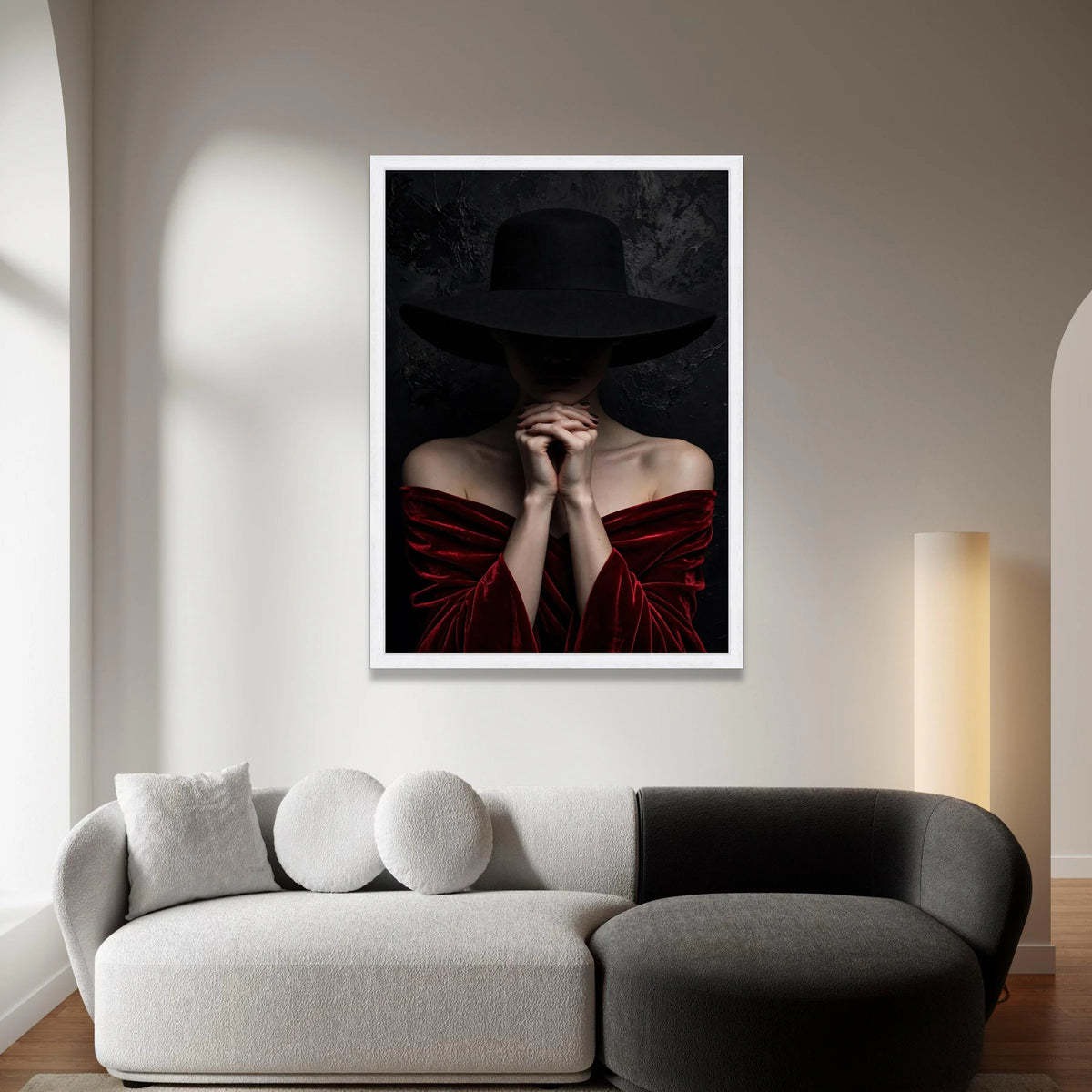 Mysterious Woman Black Hat, Dark Mood Portrait Canvas, Elegant Red Velvet Dress Wall Art, Fashion Photography Canvas, Canvas Print Art
