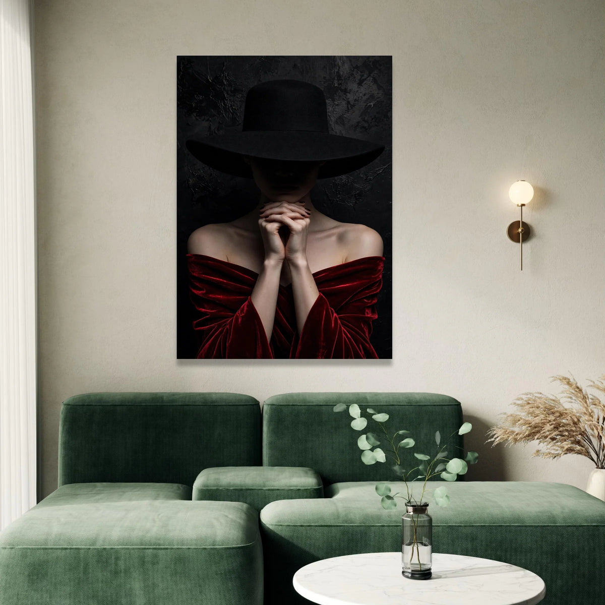 Mysterious Woman Black Hat, Dark Mood Portrait Canvas, Elegant Red Velvet Dress Wall Art, Fashion Photography Canvas, Canvas Print Art