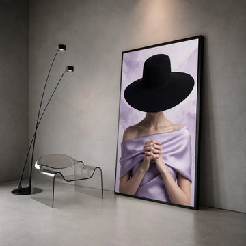 Elegant Woman Portrait Canvas, Black Wide Brim Hat, Lavender Draped Fabric, Minimalist Fashion Art, Modern Wall Decoration Canvas Print Art