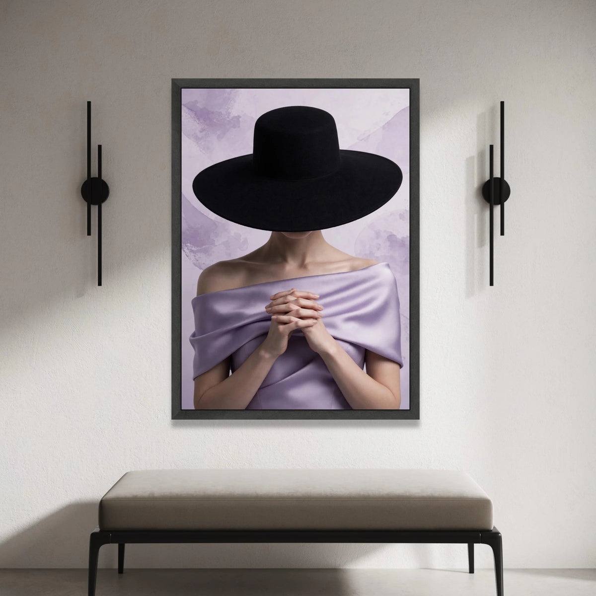 Elegant Woman Portrait Canvas, Black Wide Brim Hat, Lavender Draped Fabric, Minimalist Fashion Art, Modern Wall Decoration Canvas Print Art