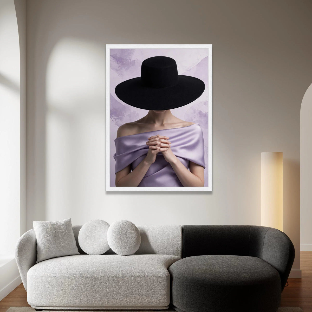 Elegant Woman Portrait Canvas, Black Wide Brim Hat, Lavender Draped Fabric, Minimalist Fashion Art, Modern Wall Decoration Canvas Print Art