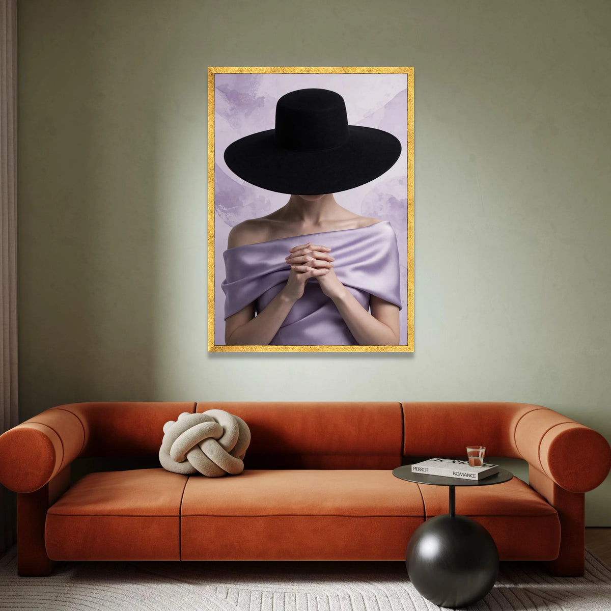 Elegant Woman Portrait Canvas, Black Wide Brim Hat, Lavender Draped Fabric, Minimalist Fashion Art, Modern Wall Decoration Canvas Print Art