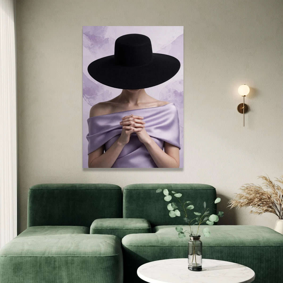 Elegant Woman Portrait Canvas, Black Wide Brim Hat, Lavender Draped Fabric, Minimalist Fashion Art, Modern Wall Decoration Canvas Print Art