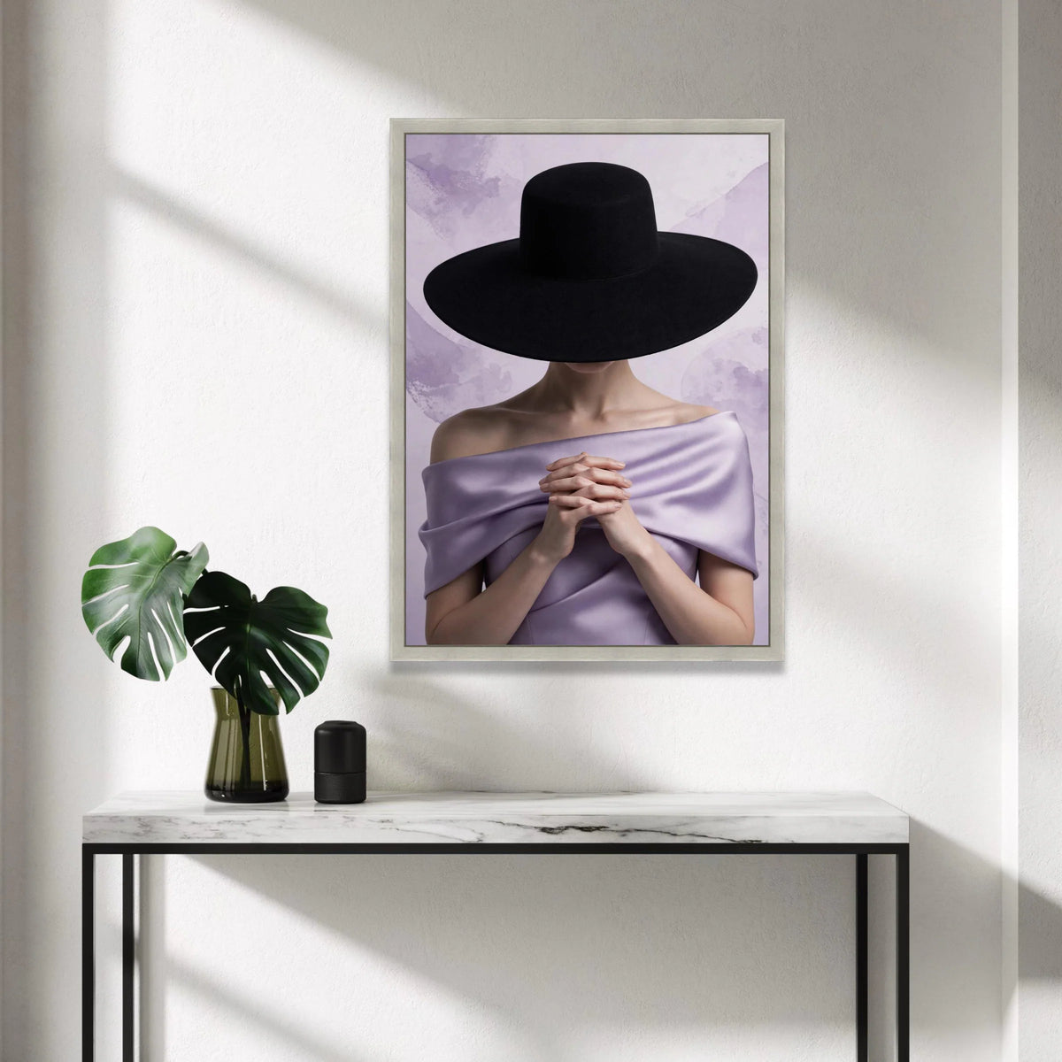 Elegant Woman Portrait Canvas, Black Wide Brim Hat, Lavender Draped Fabric, Minimalist Fashion Art, Modern Wall Decoration Canvas Print Art