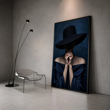 Elegant Woman with Wide Brim Hat Canvas, Dark Fashion Portrait Wall Art, Dramatic Moody Photography, Minimalist Home Canvas Print Art