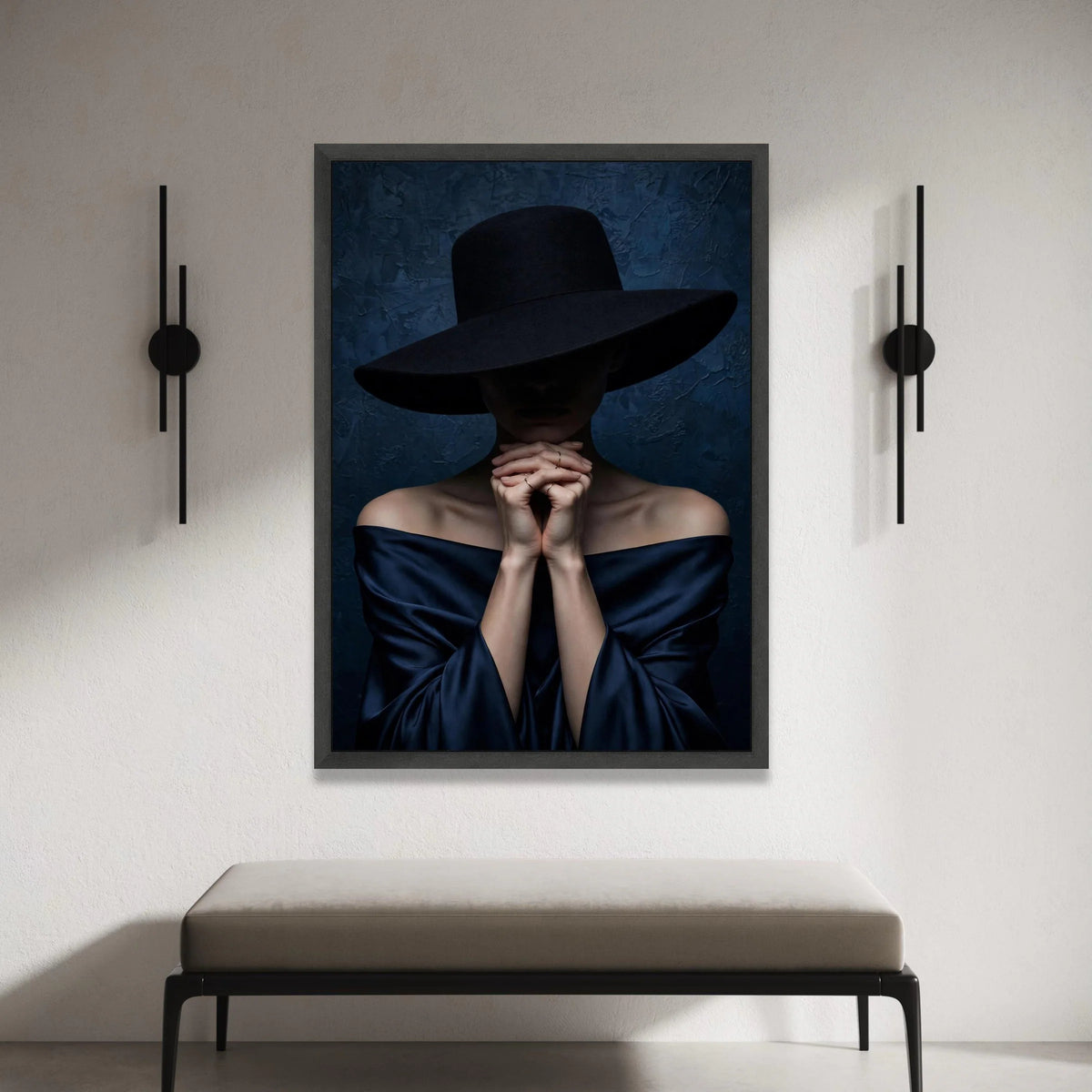 Elegant Woman with Wide Brim Hat Canvas, Dark Fashion Portrait Wall Art, Dramatic Moody Photography, Minimalist Home Canvas Print Art