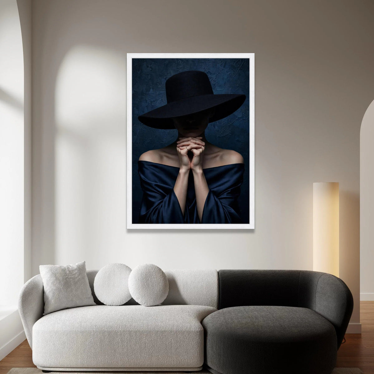 Elegant Woman with Wide Brim Hat Canvas, Dark Fashion Portrait Wall Art, Dramatic Moody Photography, Minimalist Home Canvas Print Art