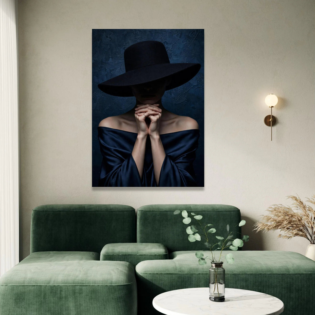 Elegant Woman with Wide Brim Hat Canvas, Dark Fashion Portrait Wall Art, Dramatic Moody Photography, Minimalist Home Canvas Print Art