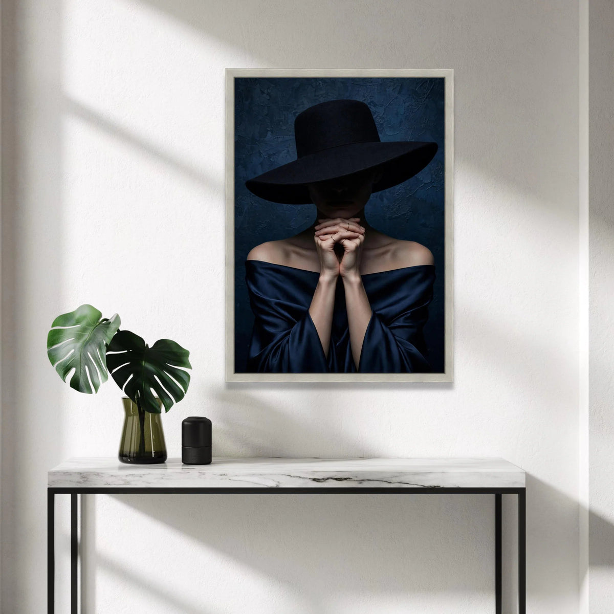 Elegant Woman with Wide Brim Hat Canvas, Dark Fashion Portrait Wall Art, Dramatic Moody Photography, Minimalist Home Canvas Print Art