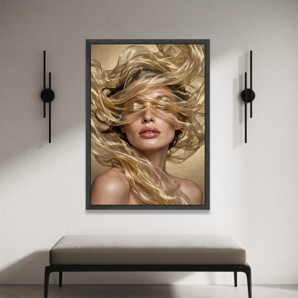 Ethereal Woman Portrait Canvas Wall Art, Flowing Sheer Fabric, Glamour Beauty Face Canvas, Modern Home Decoration, Elegant Canvas Print Art