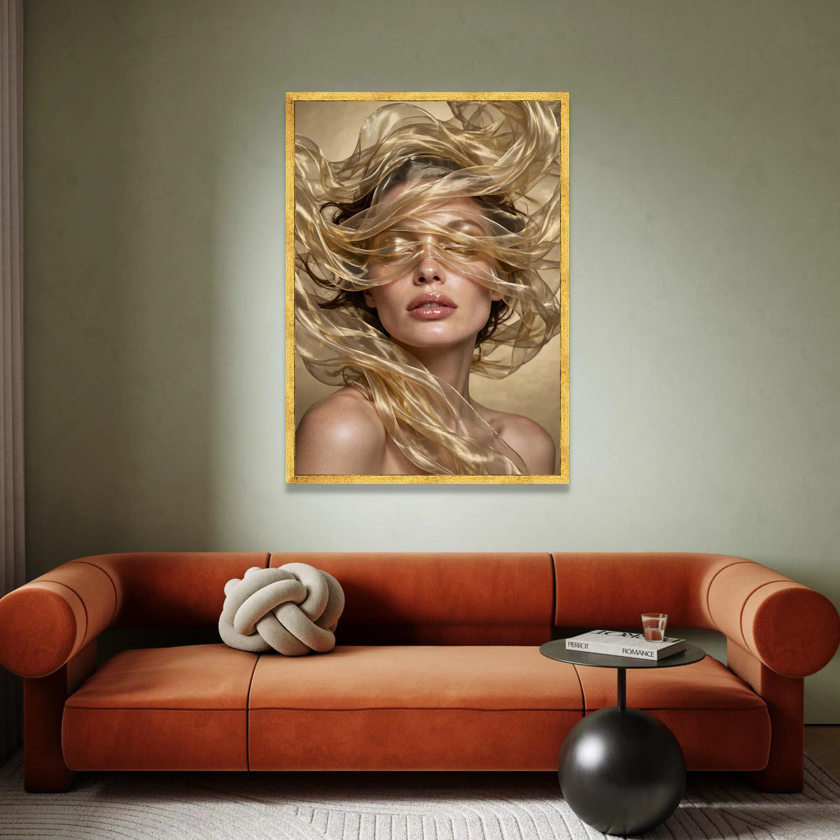 Ethereal Woman Portrait Canvas Wall Art, Flowing Sheer Fabric, Glamour Beauty Face Canvas, Modern Home Decoration, Elegant Canvas Print Art