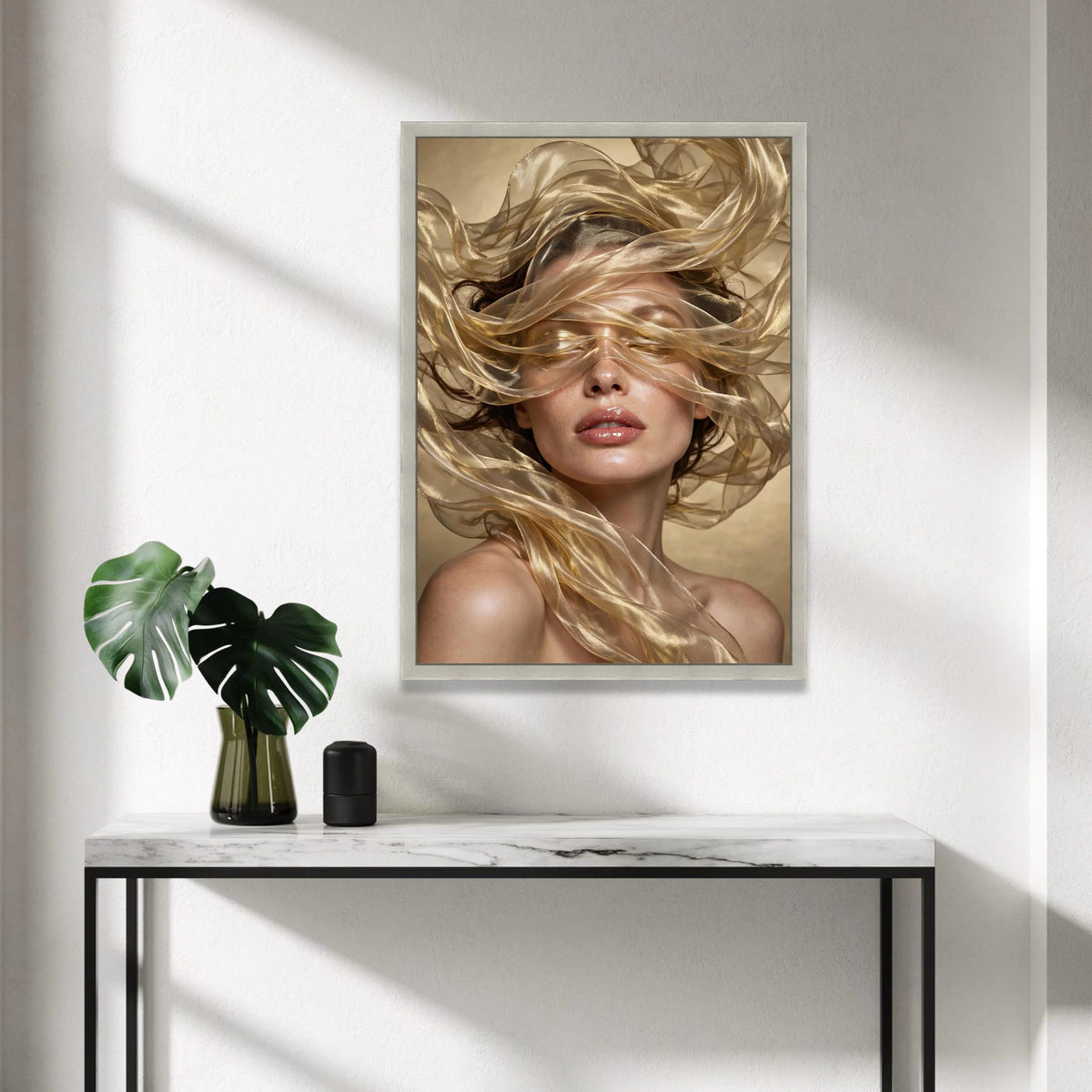 Ethereal Woman Portrait Canvas Wall Art, Flowing Sheer Fabric, Glamour Beauty Face Canvas, Modern Home Decoration, Elegant Canvas Print Art